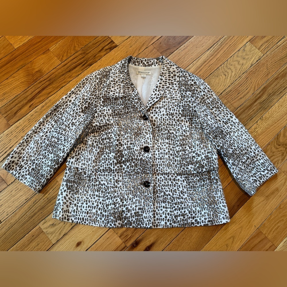 Pendleton Animal Cat Print Linen Blend Coat Blazer Jacket Brown/White Women Sz L - Picture 5 of 16